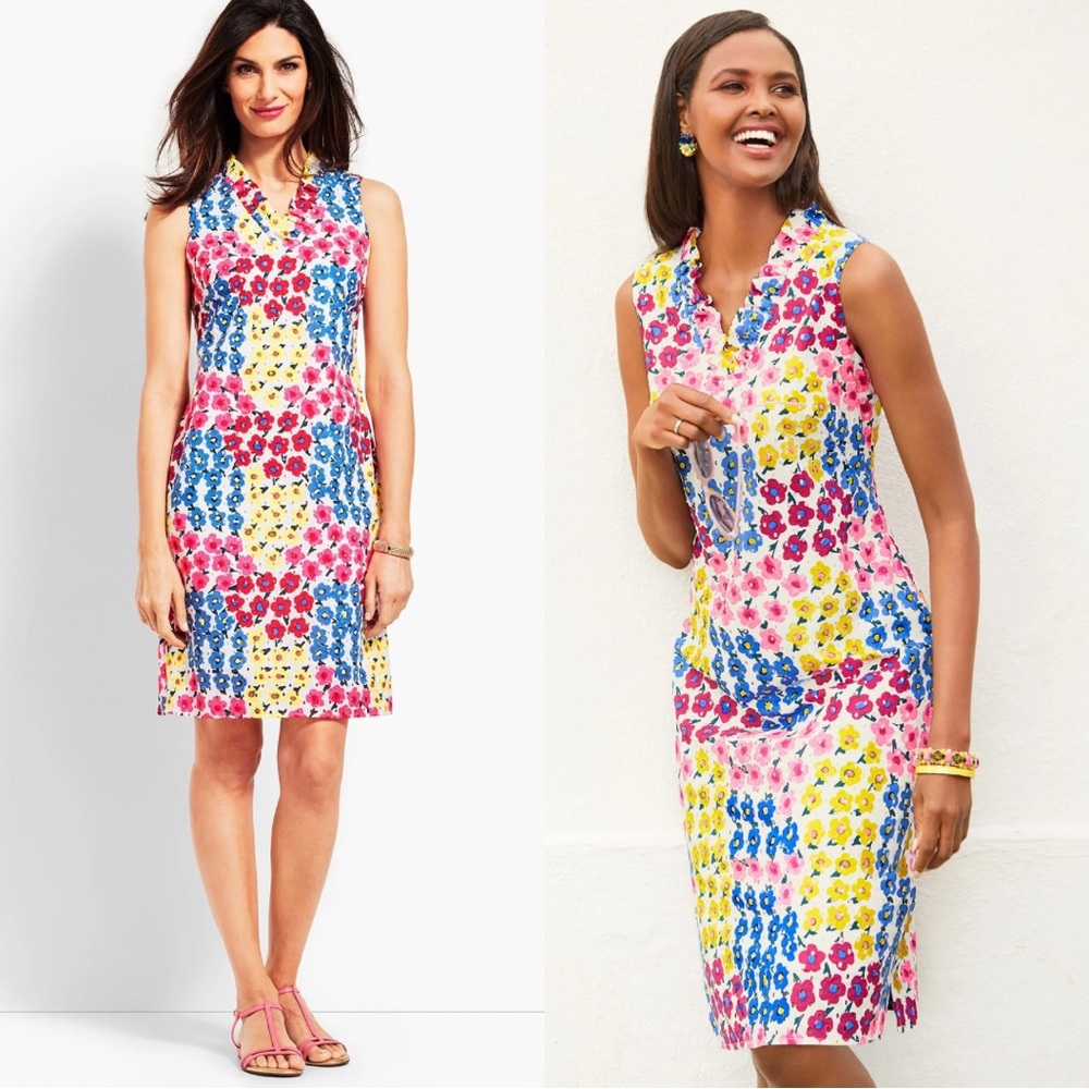 Talbots Vintage Floral Ruffle Neck Shift Dress - 12